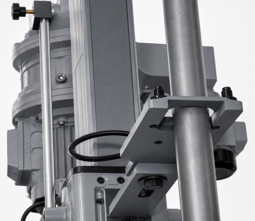 Close-up of the safety guard on the Winona Van Norman VHX Vertical Hone designed to help protect the operator during honing operations.