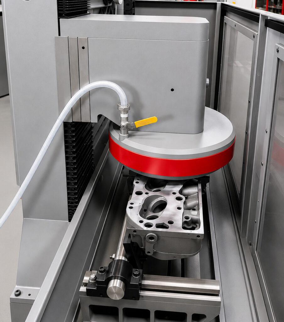 Side view inside the Winona Van Norman SM-E Surface Milling Machine showing the milling head, work table, and precision resurfacing workspace.
