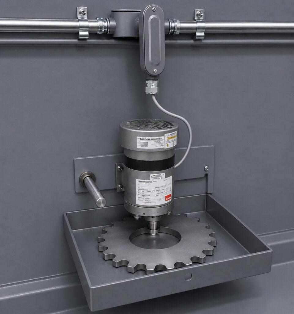 Close-up of the rotating table drive mechanism on a Winona Van Norman Table Washer powering the table during the cleaning cycle.