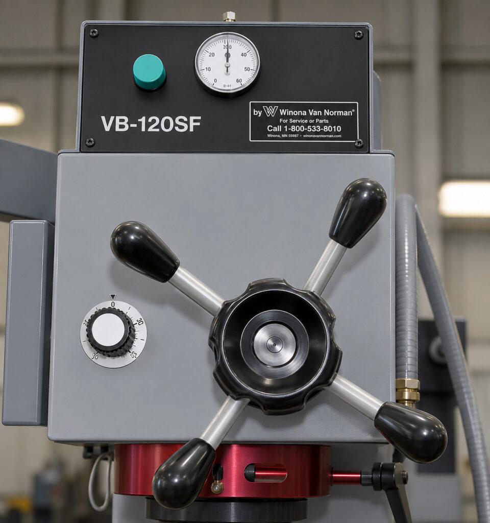 Front view of the Winona Van Norman Vertical Boring Machine highlighting the height adjustment handwheel used to precisely position the boring head.