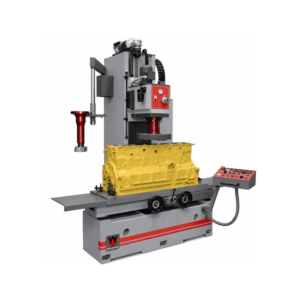 Angle view of the Winona Van Norman Vertical Boring Machine showcasing the precision boring head, work table, and heavy-duty machine construction.