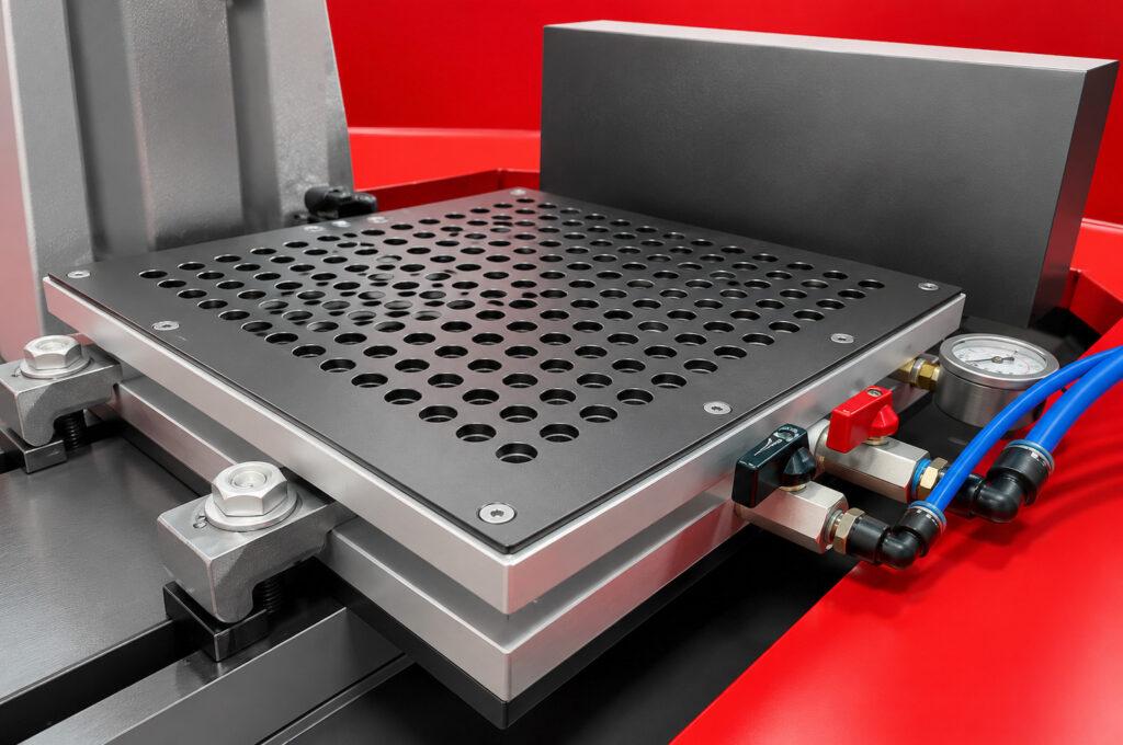 Close-up of the vacuum suction plate on the Winona Van Norman SM-70 Surface Milling Machine used to securely hold engine components in place during resurfacing.