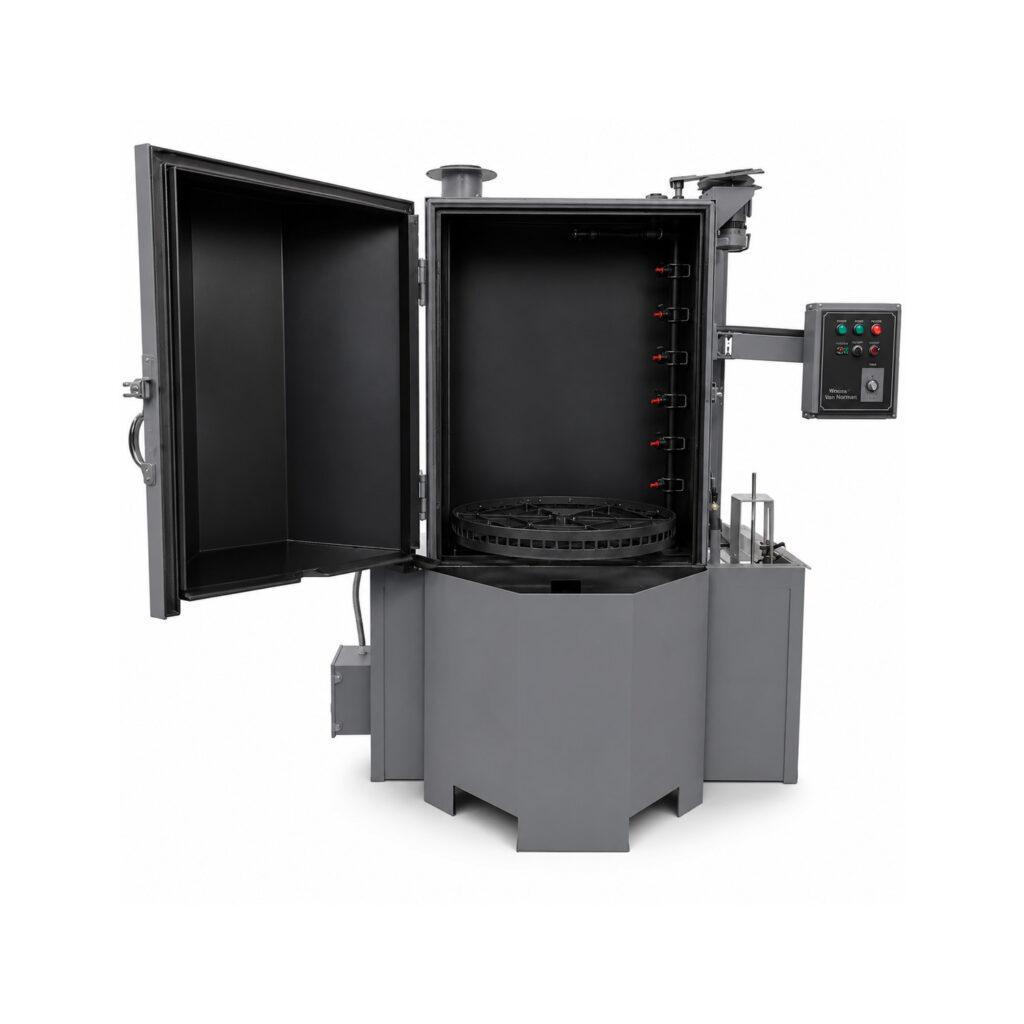 Angle view of a Winona Van Norman Table Washer designed for efficient cleaning of engine components before machining or assembly.