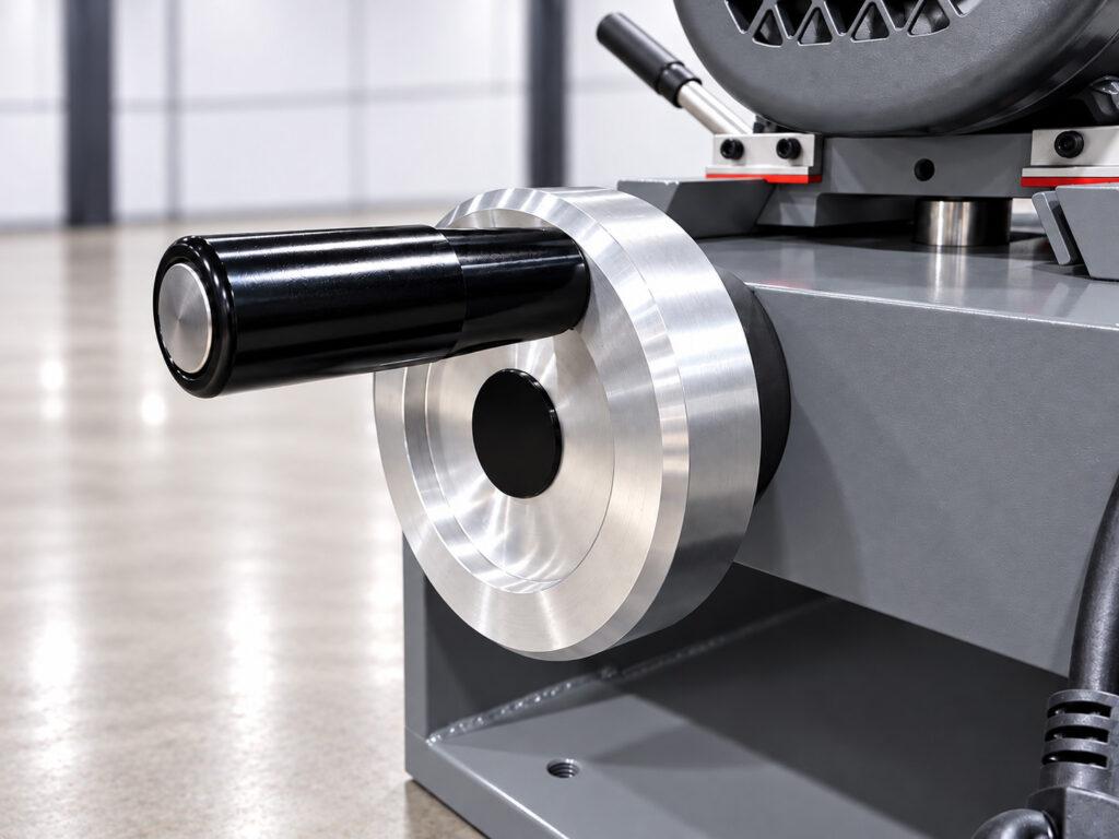 Grinding wheel adjuster crank on the Winona Van Norman CRG170 Cap and Rod Grinder used to move the grinding wheel forward or backward for precise grinding adjustments.