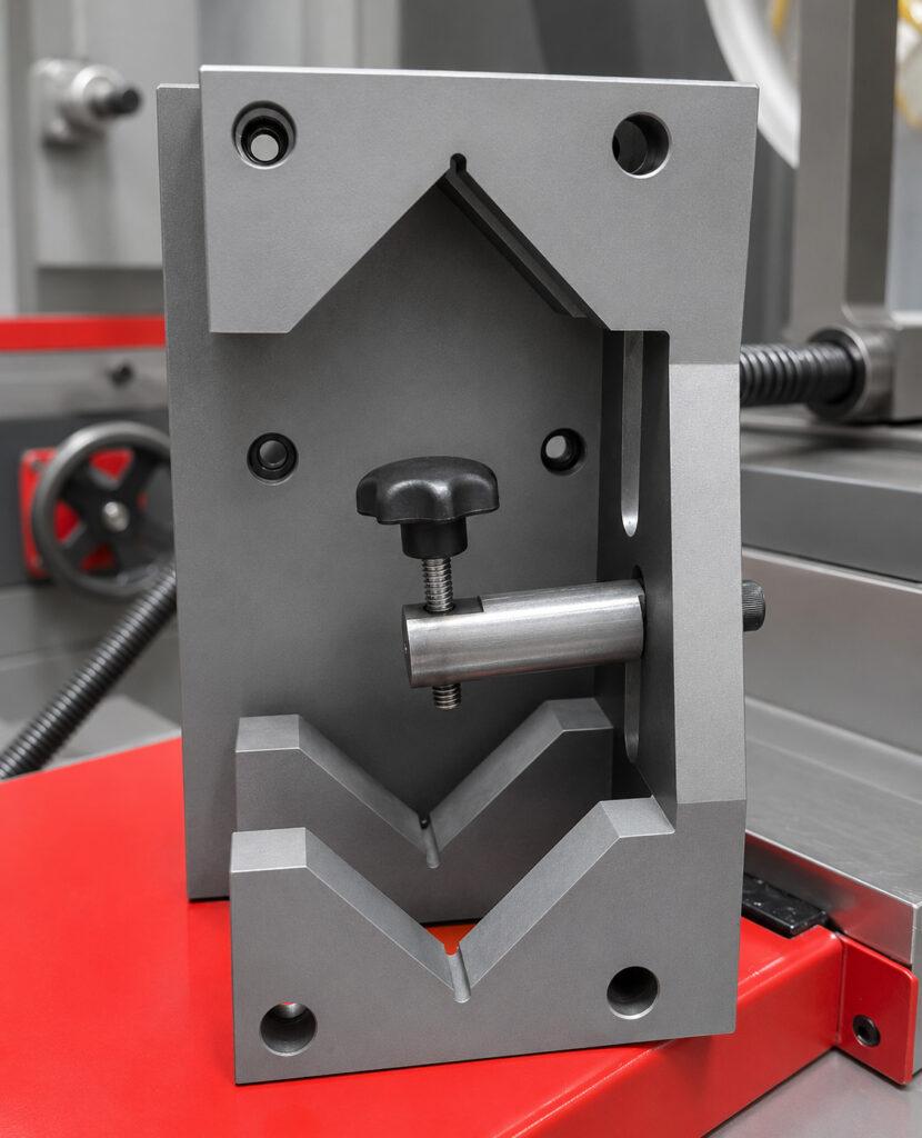 Close-up of the wrist pin adjuster on a Winona Van Norman Rod Boring Machine used to position and align the connecting rod’s wrist pin bore for machining.