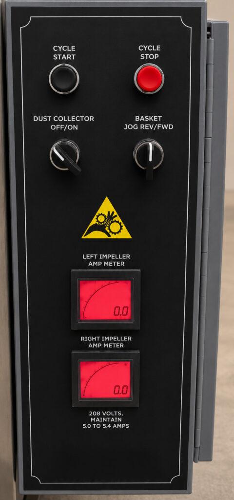 Close-up of the control box on a Winona Van Norman Fixed Basket Blaster featuring easy-to-use controls for operating and monitoring the blasting process.