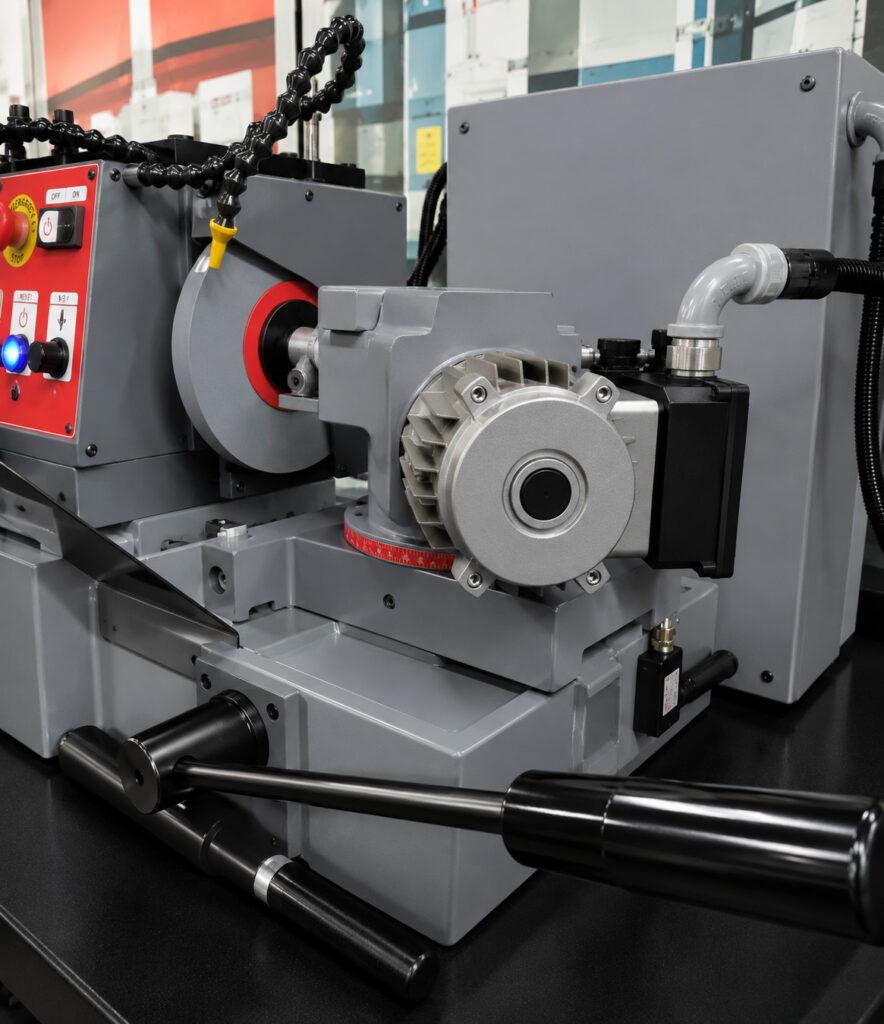 Close-up view of the Winona Van Norman Valve Refacer highlighting the precision grinding assembly, valve holding mechanism, and machining components.