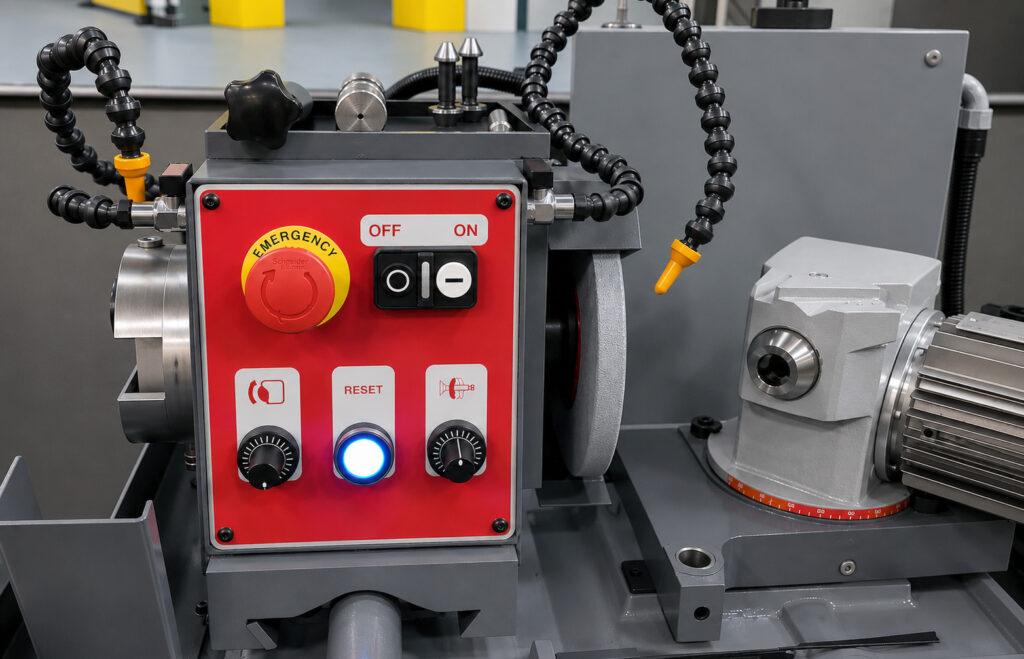 Close-up of the control panel on the Winona Van Norman Valve Refacer featuring operator controls for precise valve grinding and machine operation.