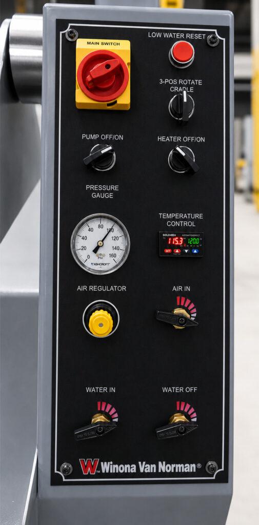 Close-up of the control panel on the Winona Van Norman CHTX Pressure Tester featuring the controls used to operate and monitor the pressure testing process.