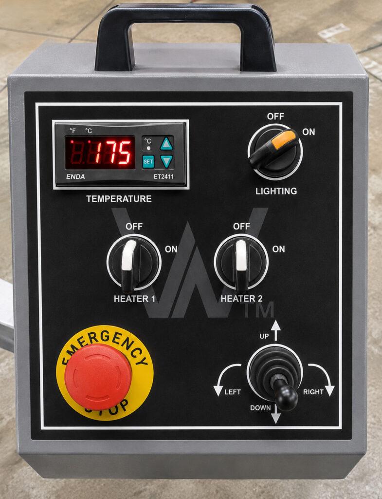 Close-up of the control panel on the Winona Van Norman CHT1240 Pressure Tester featuring the operating controls used to manage pressure testing functions.
