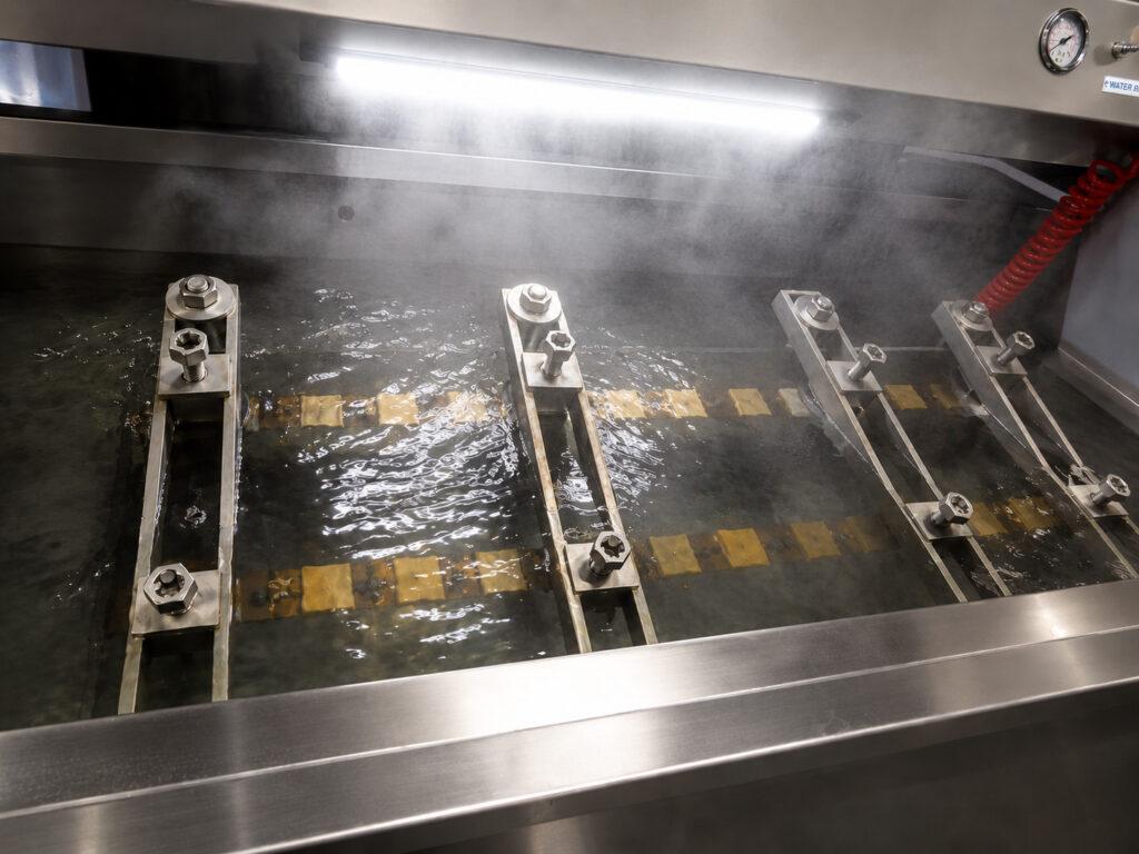 Engine block submerged in the testing tank of the Winona Van Norman CHT1240 Pressure Tester during a pressure test to detect cracks and leaks.