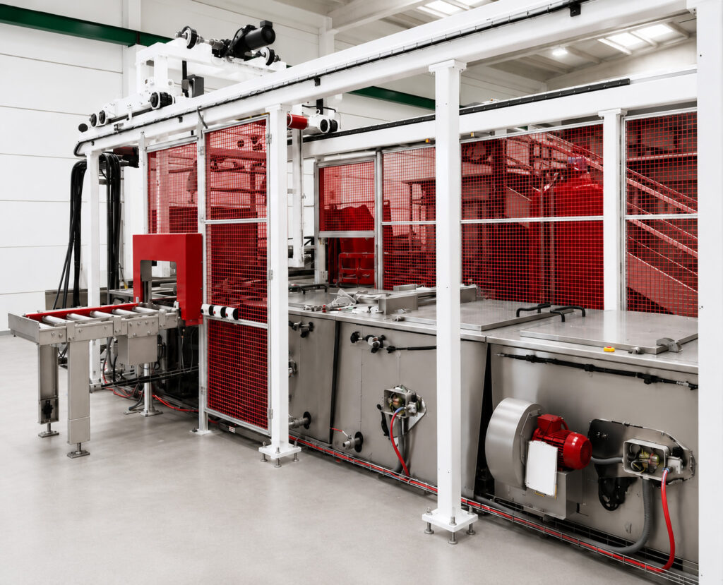 Close-up of the multiple-stage automated handling system on a Winona Van Norman Ultrasonic Washer designed to transfer components efficiently through each stage of the cleaning process.