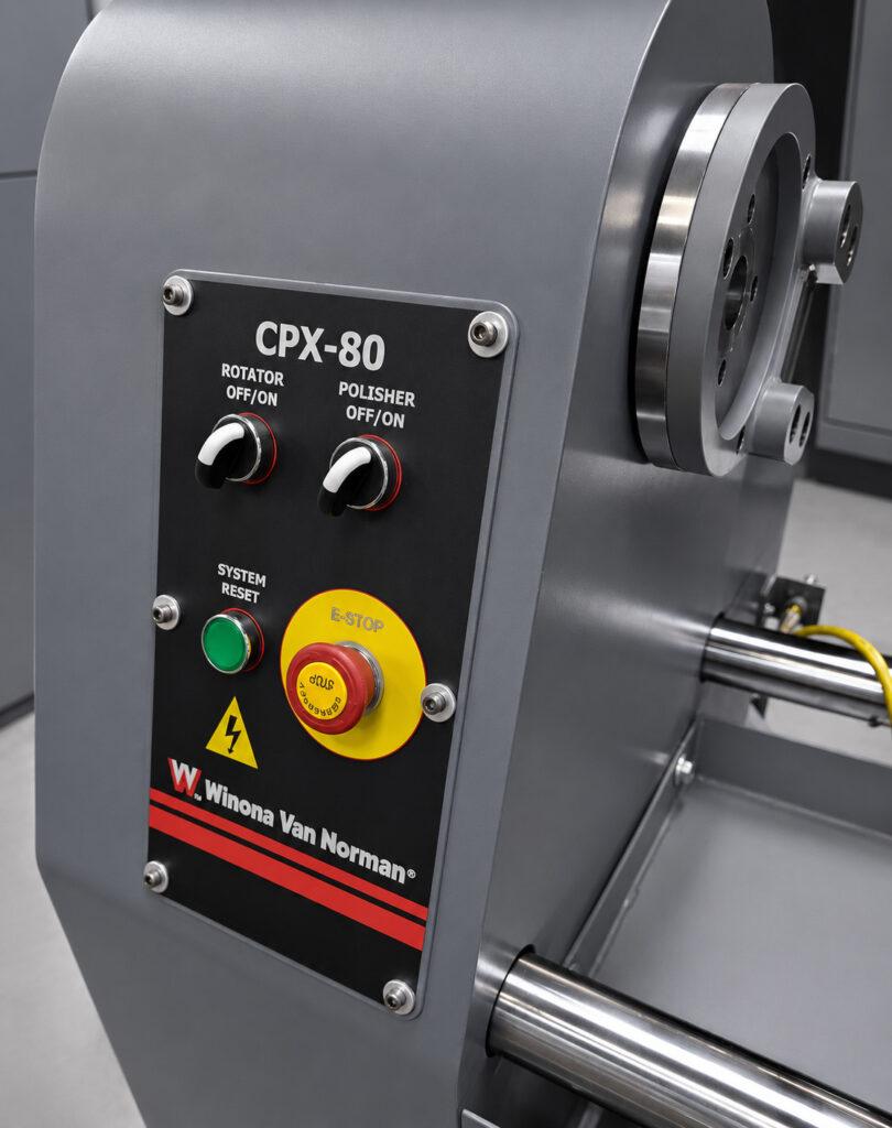 Close-up of the control panel on a Winona Van Norman Crankshaft Polisher featuring operator controls for polishing functions and machine adjustments.