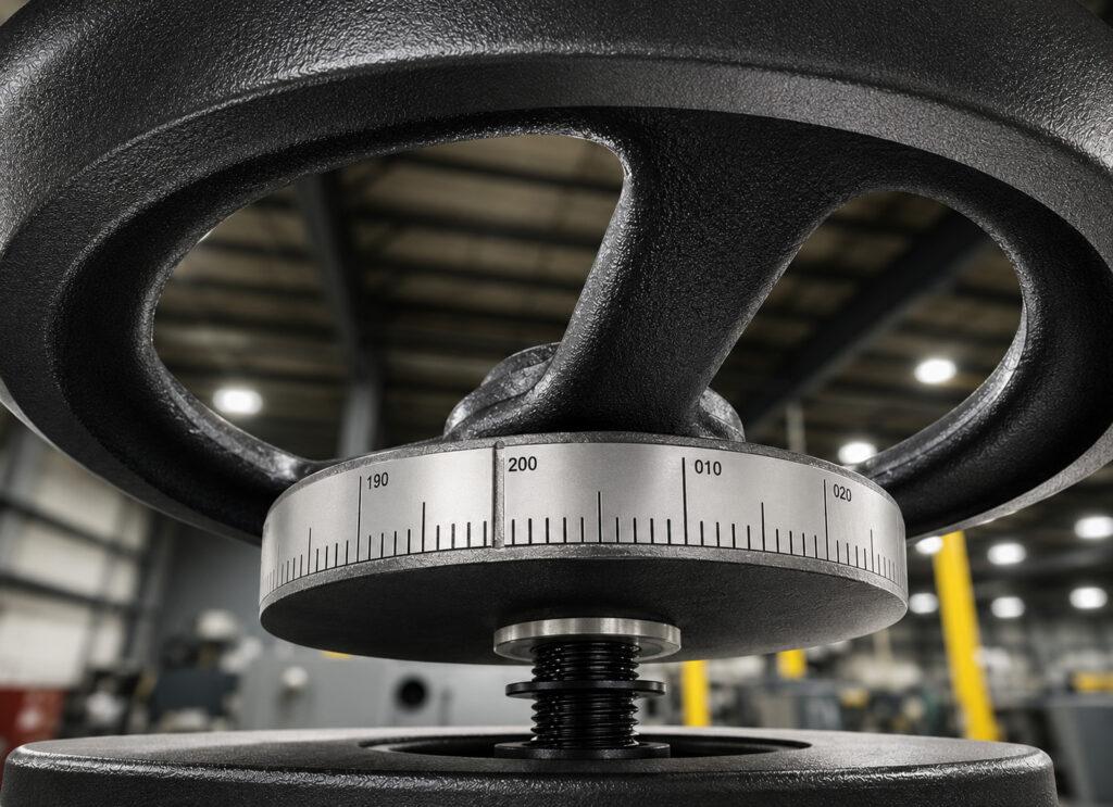 Close-up of the grinding wheel adjustment dial on the Winona Van Norman Flywheel Grinder used for precise grinding depth and wheel positioning.