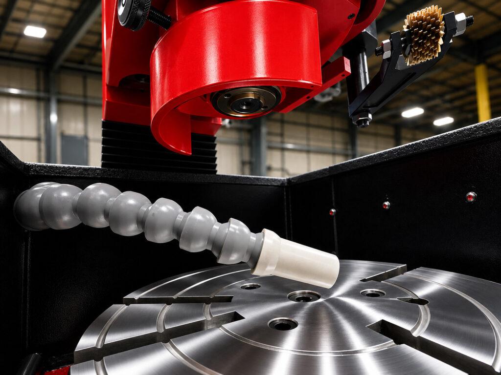 Close-up of the coolant hose on the Winona Van Norman Flywheel Grinder directing coolant onto the flywheel during grinding to control heat and improve surface finish.