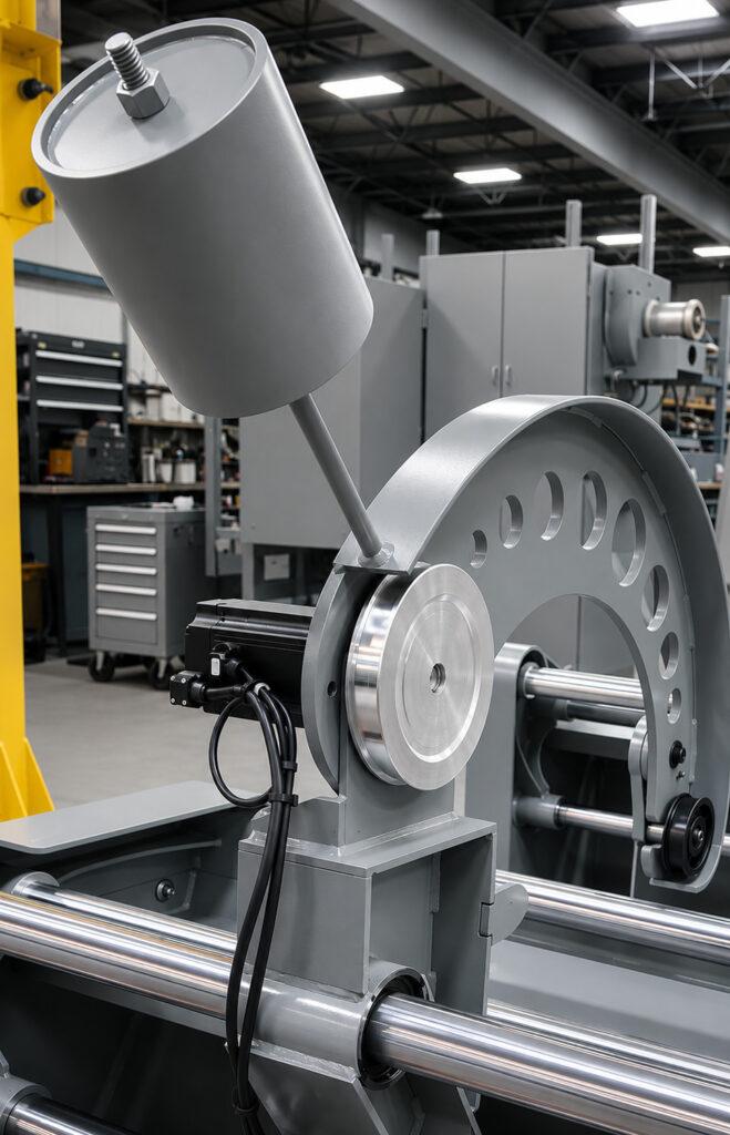 Rear view of the polishing arm on a Winona Van Norman Crankshaft Polisher showing the robust construction and support components behind the polishing assembly.
