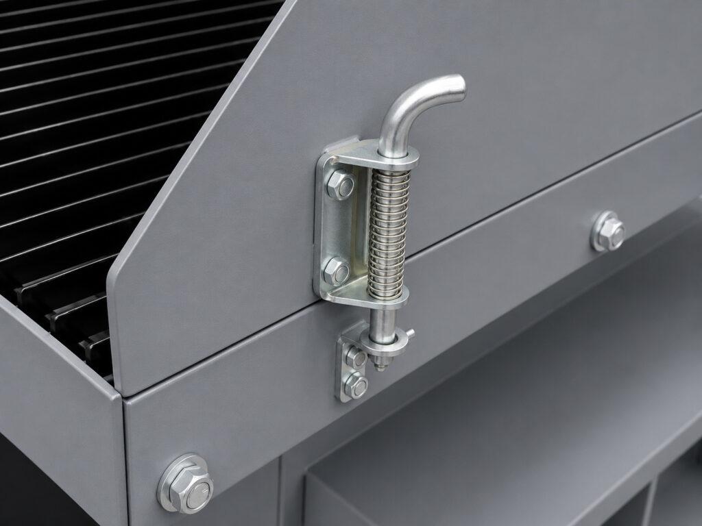 Close-up of the adjustable size panel on a Winona Van Norman Grinding Bench used to precisely position and secure workpieces during grinding.