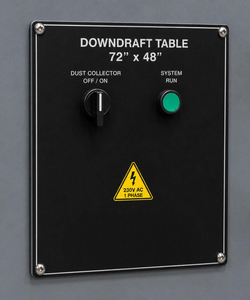 Close-up of the control panel on a Winona Van Norman Grinding Bench featuring operator controls for precise grinding adjustments.