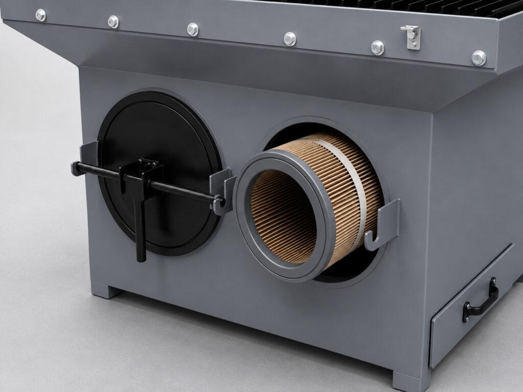 Close-up of the removable filter on a Winona Van Norman Grinding Bench during maintenance and cleaning.