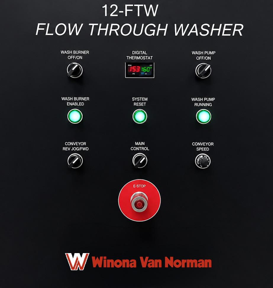 Close-up of the control panel on a Winona Van Norman Flow Through Washer used to monitor and operate the cleaning system.