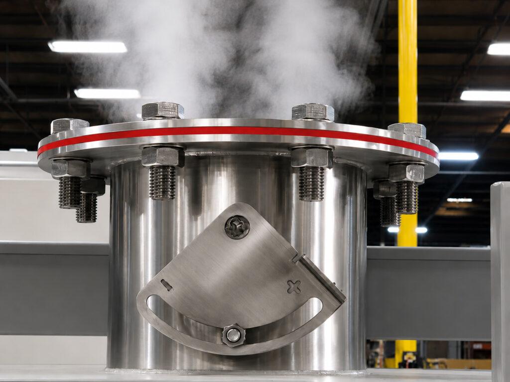 Close-up of the exhaust system on a Winona Van Norman Flow Through Washer designed to vent heat, moisture, and steam during operation.