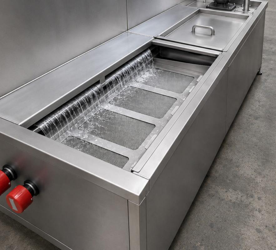 Close-up of the oil skimmer on a Winona Van Norman Flow Through Washer removing floating oils from the wash solution.