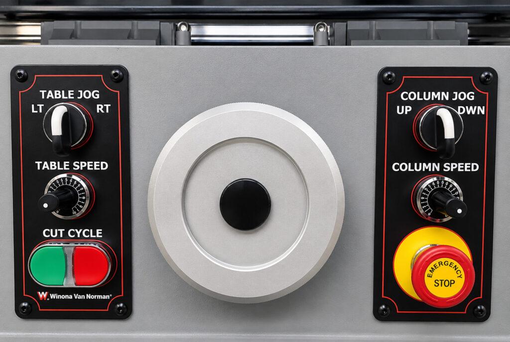 Close-up of the control panel on the Winona Van Norman SM-E Surface Milling Machine featuring the operator controls used to manage the milling process.