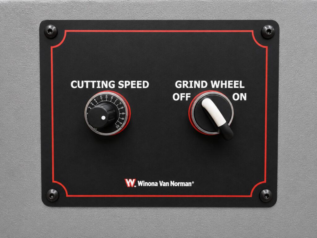 Close-up of the control panel on the Winona Van Norman SM-E Surface Milling Machine featuring the operator controls used to manage the milling process.