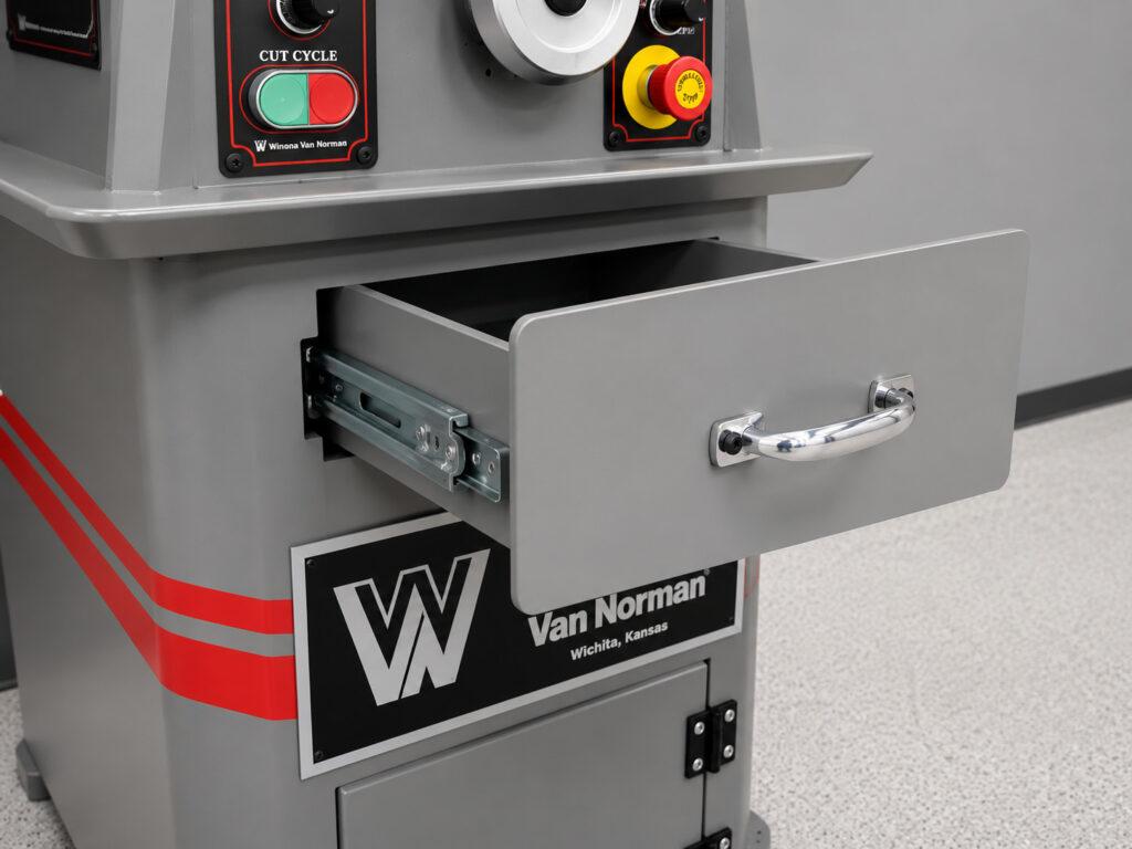 Close-up of the tool drawer on the Winona Van Norman SM-E Surface Milling Machine providing convenient storage for cutters, tooling, and machine accessories.
