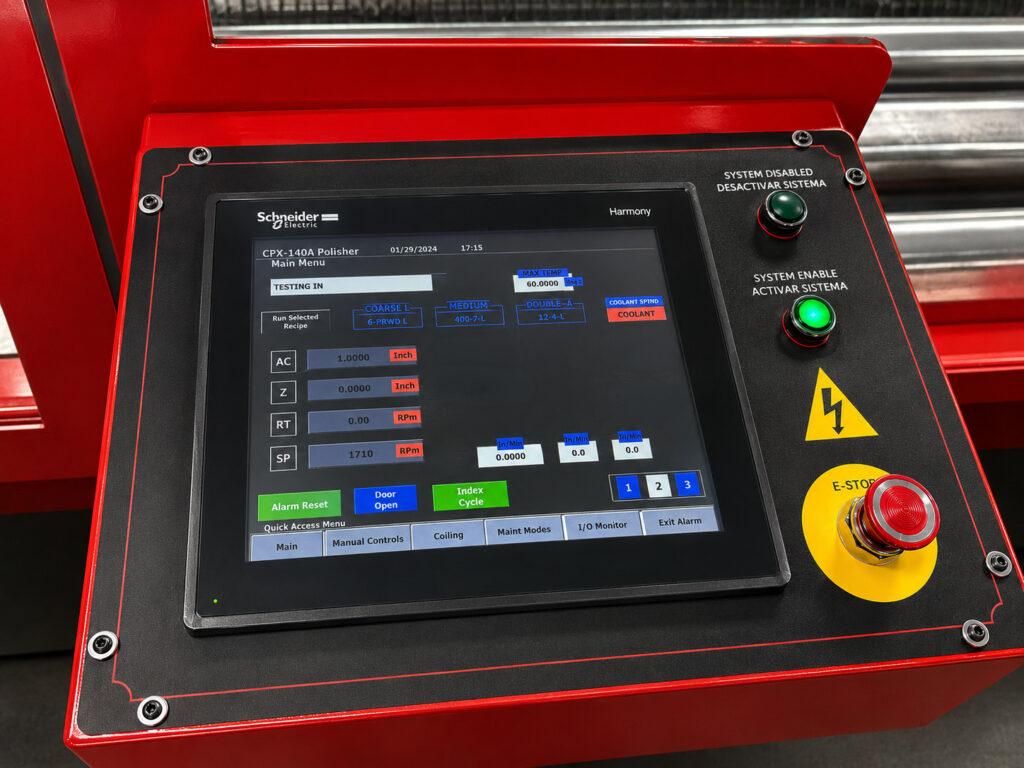 Close-up of the control panel on a Winona Van Norman Automated Crankshaft Polisher featuring operator controls for automated polishing functions and machine settings.