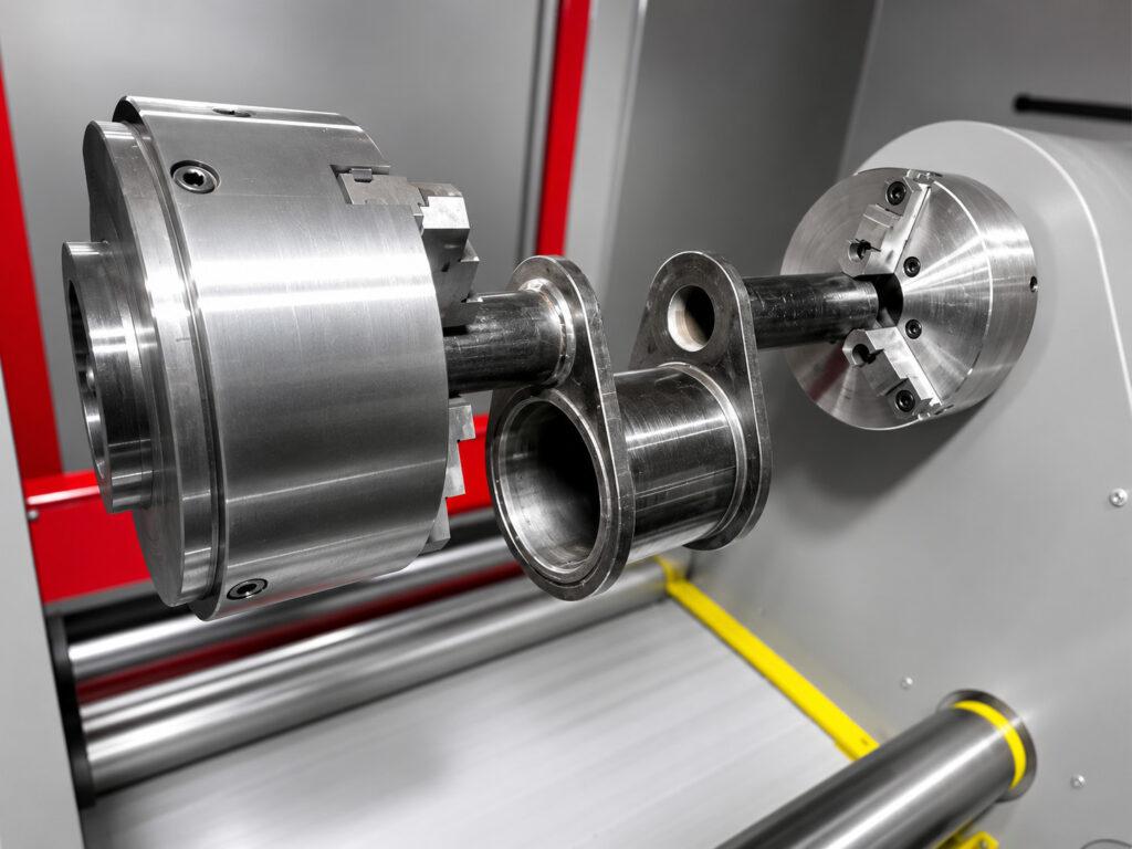 Close-up of the crankshaft holding fixture on a Winona Van Norman Automated Crankshaft Polisher designed to securely support crankshafts during the polishing process.