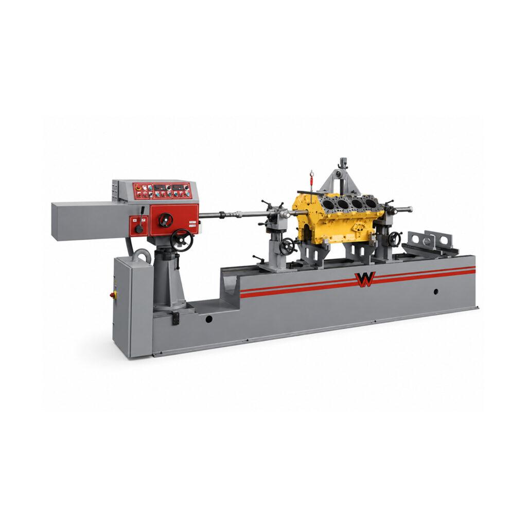 Angle view of a Winona Van Norman Line Boring Machine featuring a precision boring bar, rigid machine frame, adjustable workholding system, and operator controls for accurate engine block line boring.