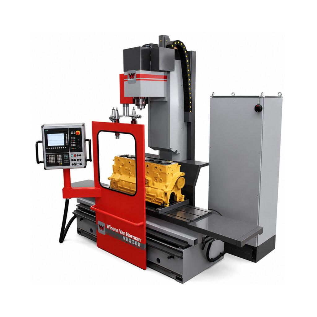 Angle view of a Winona Van Norman Vertical Boring Machine featuring a precision boring spindle, adjustable work table, rigid machine frame, and operator controls for accurate engine cylinder boring.
