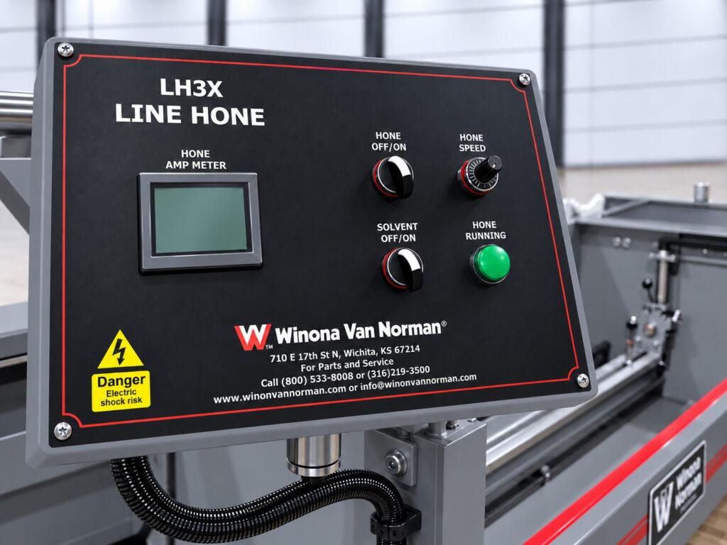 Controls on the Winona Van Norman LH3X Line Hone designed to provide convenient operator control during precision honing of engine block main bearing bores.